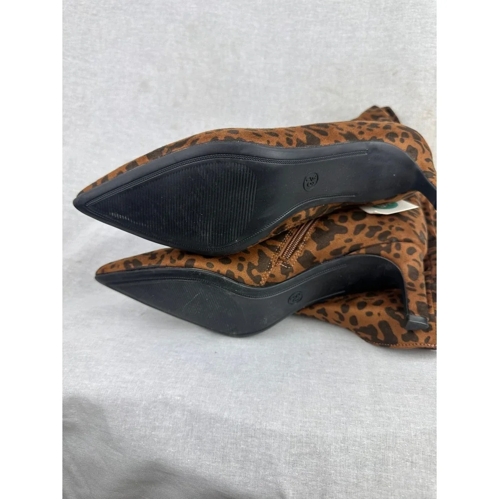 A New Day Leopard Print Tall‎ Boots Pointed Toe Kitten Heel Brown Black Size 9.5